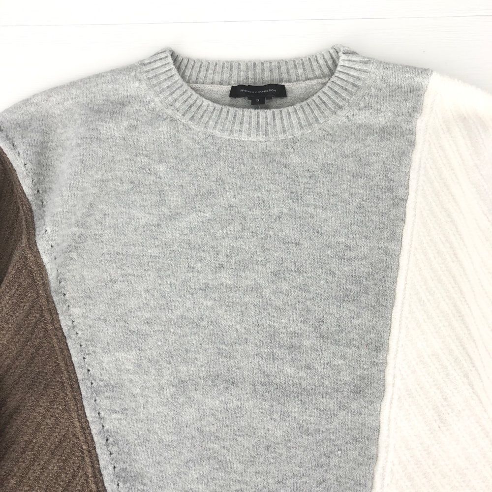 French Connection Color Block Oversized Crewneck Sweater in Ivory, Grey & Brown - Picture 9 of 13